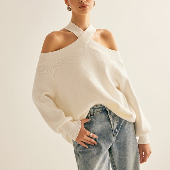 Zara Cross Over Collar Cold Shoulder Knit Sweater - Picture 1 of 3